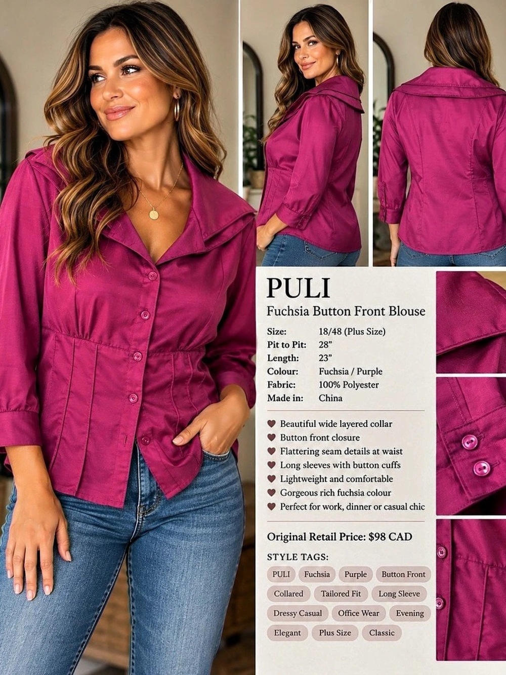 23” ptp PULL&BEAR Fuchsia Button Front Blouse Pink Button Front Blouse Size Medi